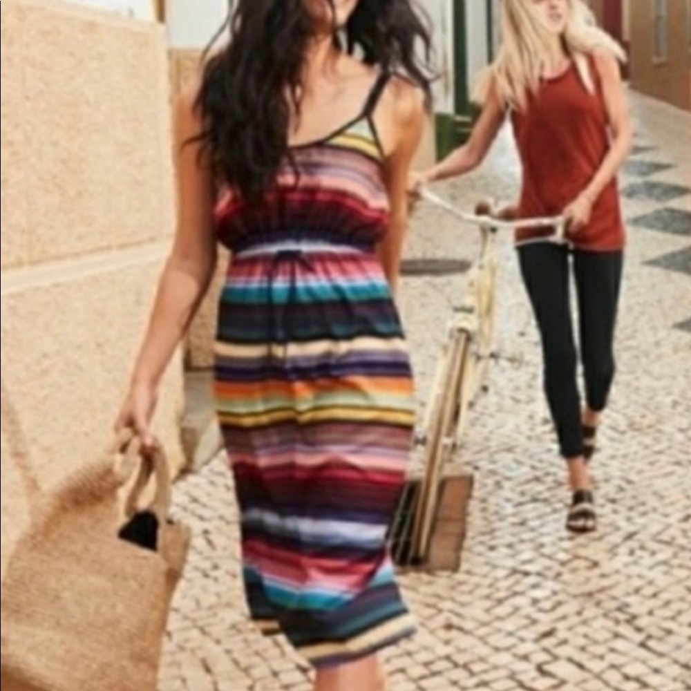 Athleta Havana Rainbow Striped UPF Spaghetti Strap Activewear Midi Dress-Small